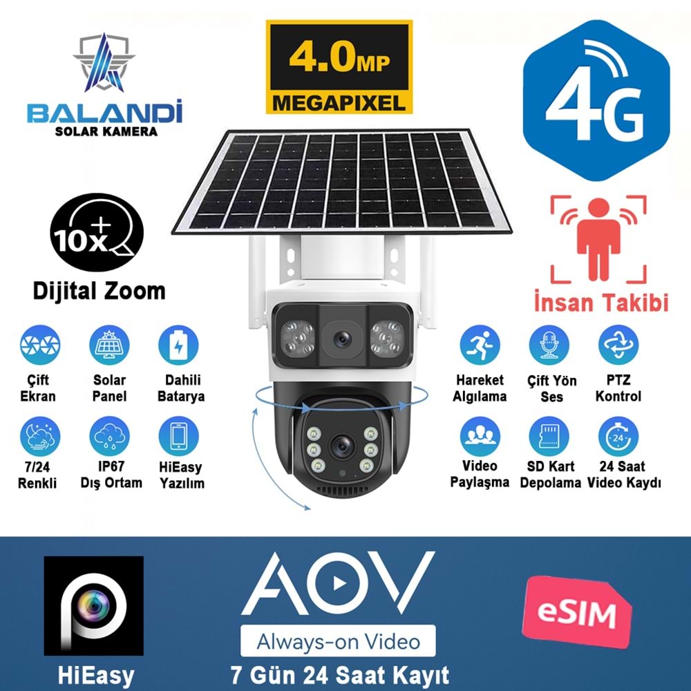 BALANDI PRO-8200GIP 4MP 2 KAMERALI 4G AOV E-SİM SOLAR KAMERA (HIEASY)