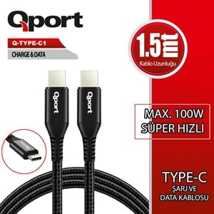 QPORT Q-TYPE-C1 1.5M TYPE-C 100W SUPER HIZLI PD SARJ VE DATA KABLOSU