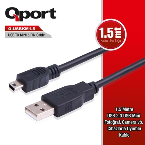 QPORT (Q-USBKM1.5) USB2.0 TO MINI USB 1.5M DATA KABLO